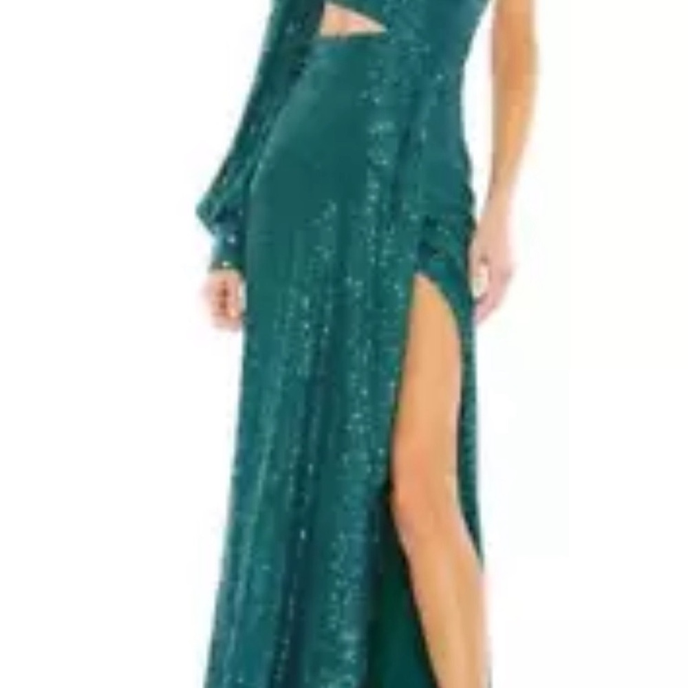 Green Sequined One Shoulder Cut Out Gown